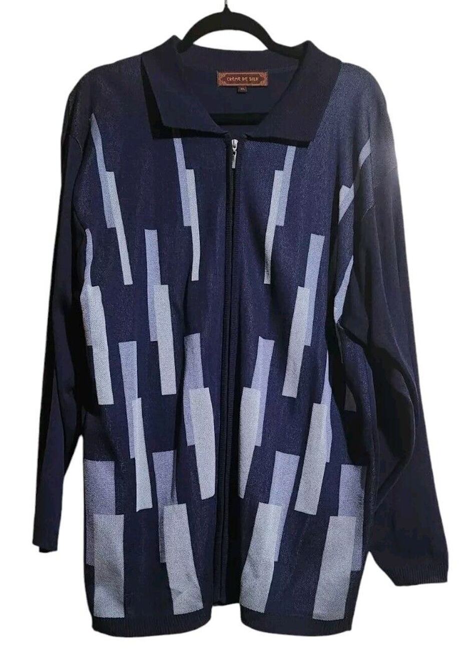 Creme De Silk Vintage Mens Sz XL Rare Blue Zip Up Sweater Cardigan Classic Retro